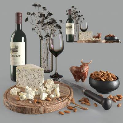 现代红酒面包奶昔烛台食品组合